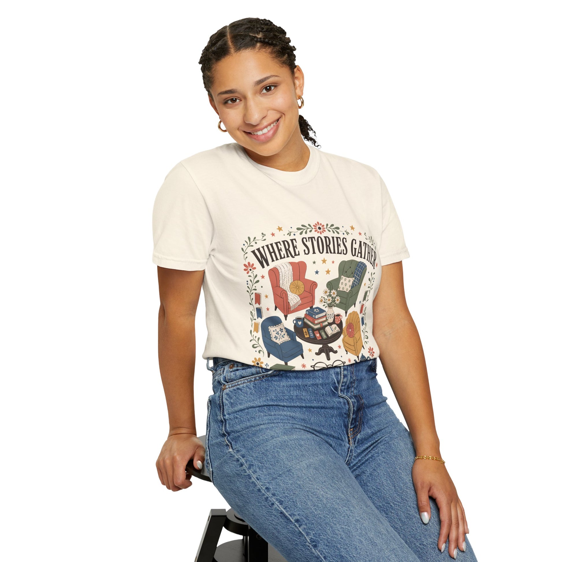 Woman wearing the ivory Where Stories Gather T-shirt, a thoughtful gift for readers, writers and lifelong book lovers.
