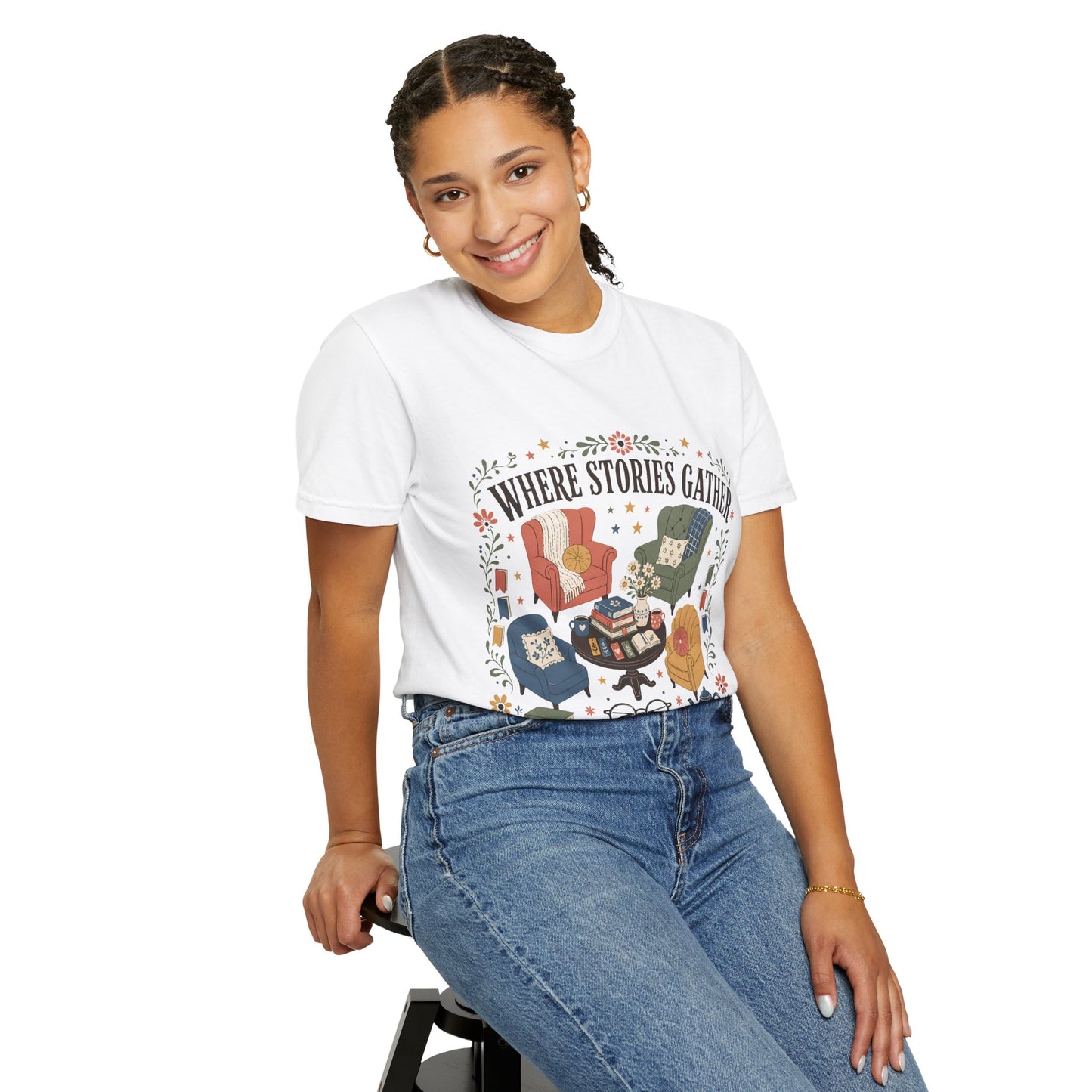 Woman wearing the white Where Stories Gather reading-inspired T-shirt designed for book lovers, readers and literary adventures.