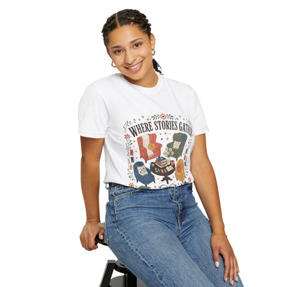 Woman wearing the white Where Stories Gather reading-inspired T-shirt designed for book lovers, readers and literary adventures.