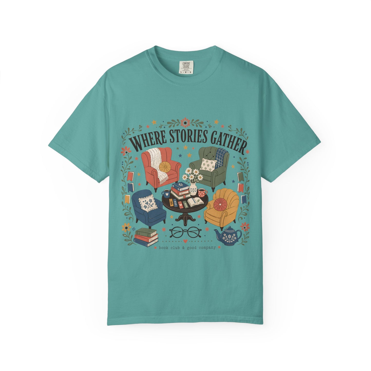 Front view of the seafoam Where Stories Gather book-inspired Comfort Colors® T-shirt by Flourish Creation Labs.