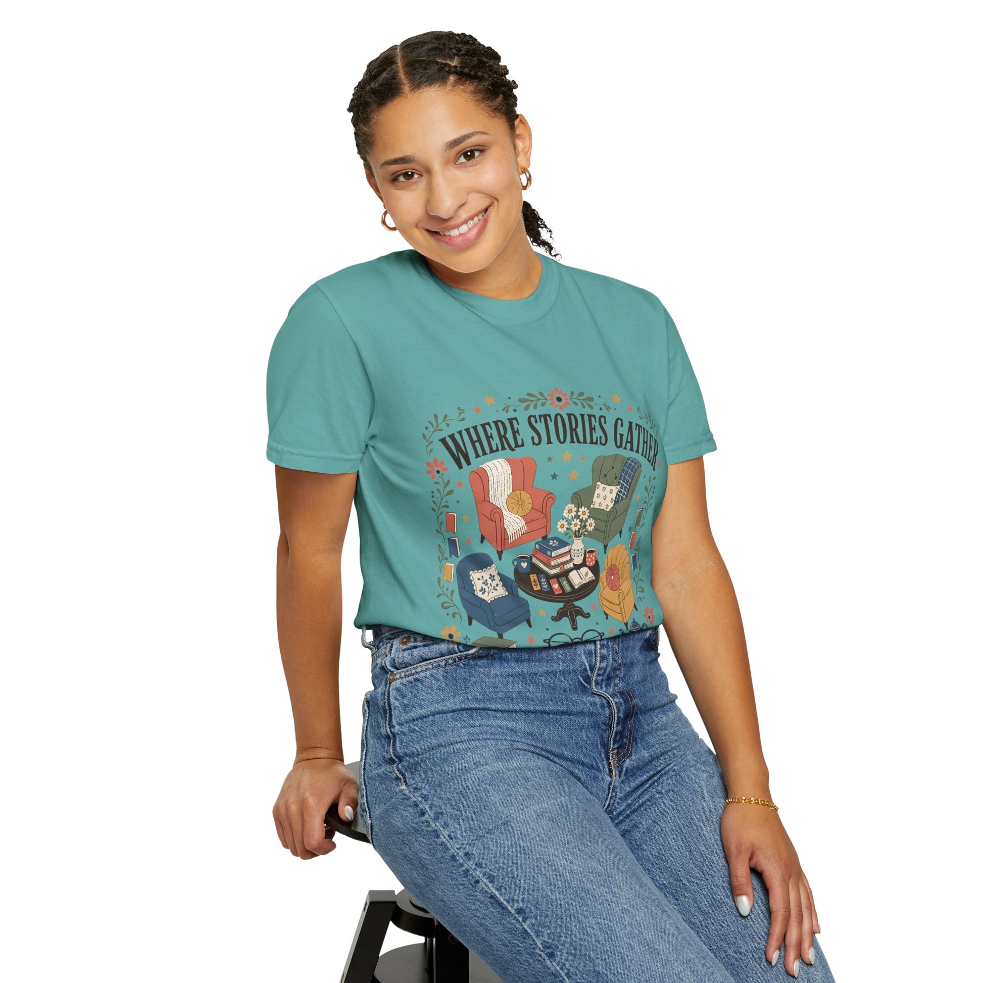Woman wearing the seafoam Where Stories Gather reading-inspired T-shirt created for book lovers and library enthusiasts.