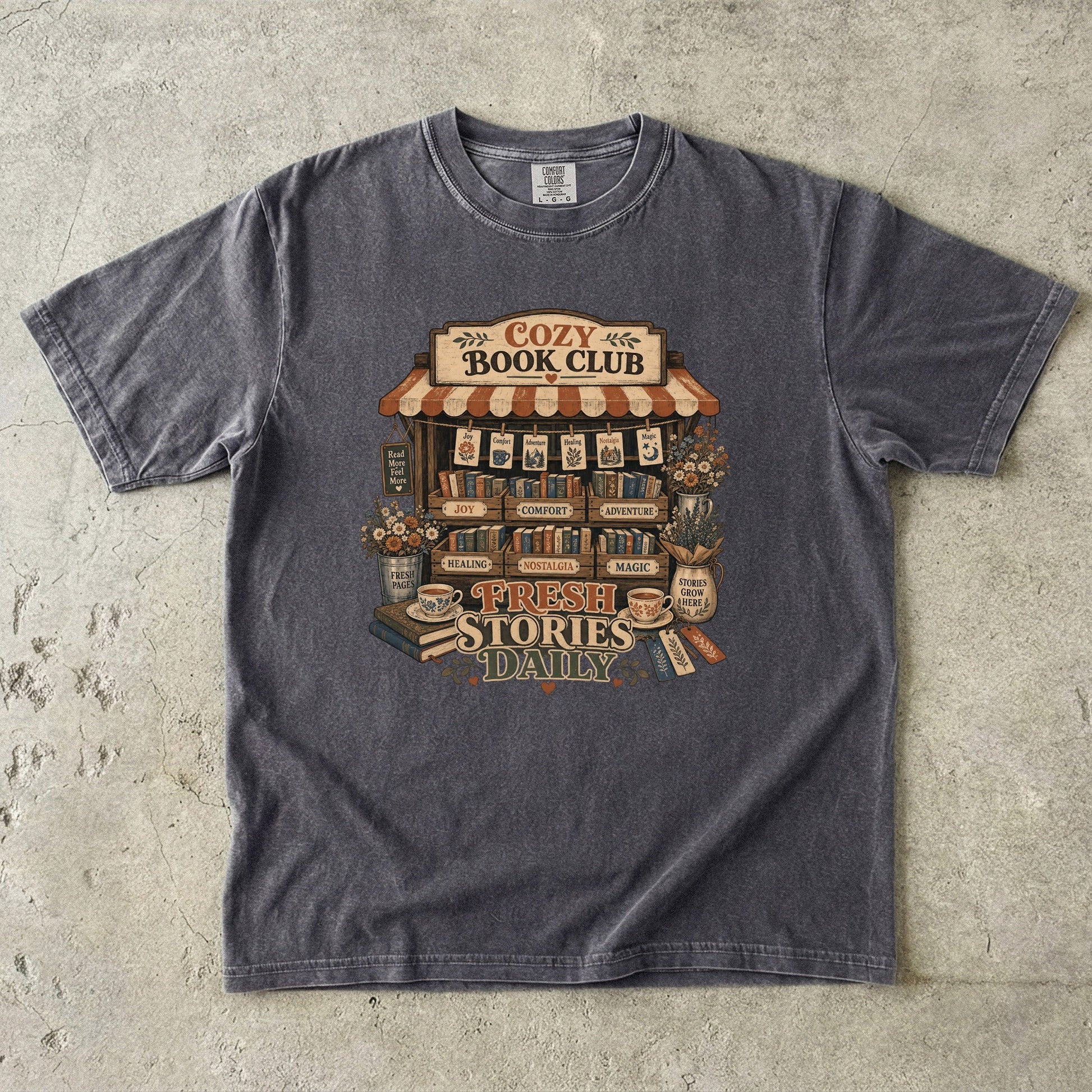 Fresh Stories Daily book club T-shirt in Pepper featuring a vintage bookstall filled with books, flowers and reading themes