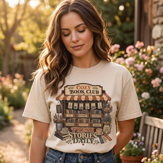 Woman wearing the Fresh Stories Daily Book Lover Shirt featuring a cosy book club market stall design inspired by books, reading, tea and slow living.