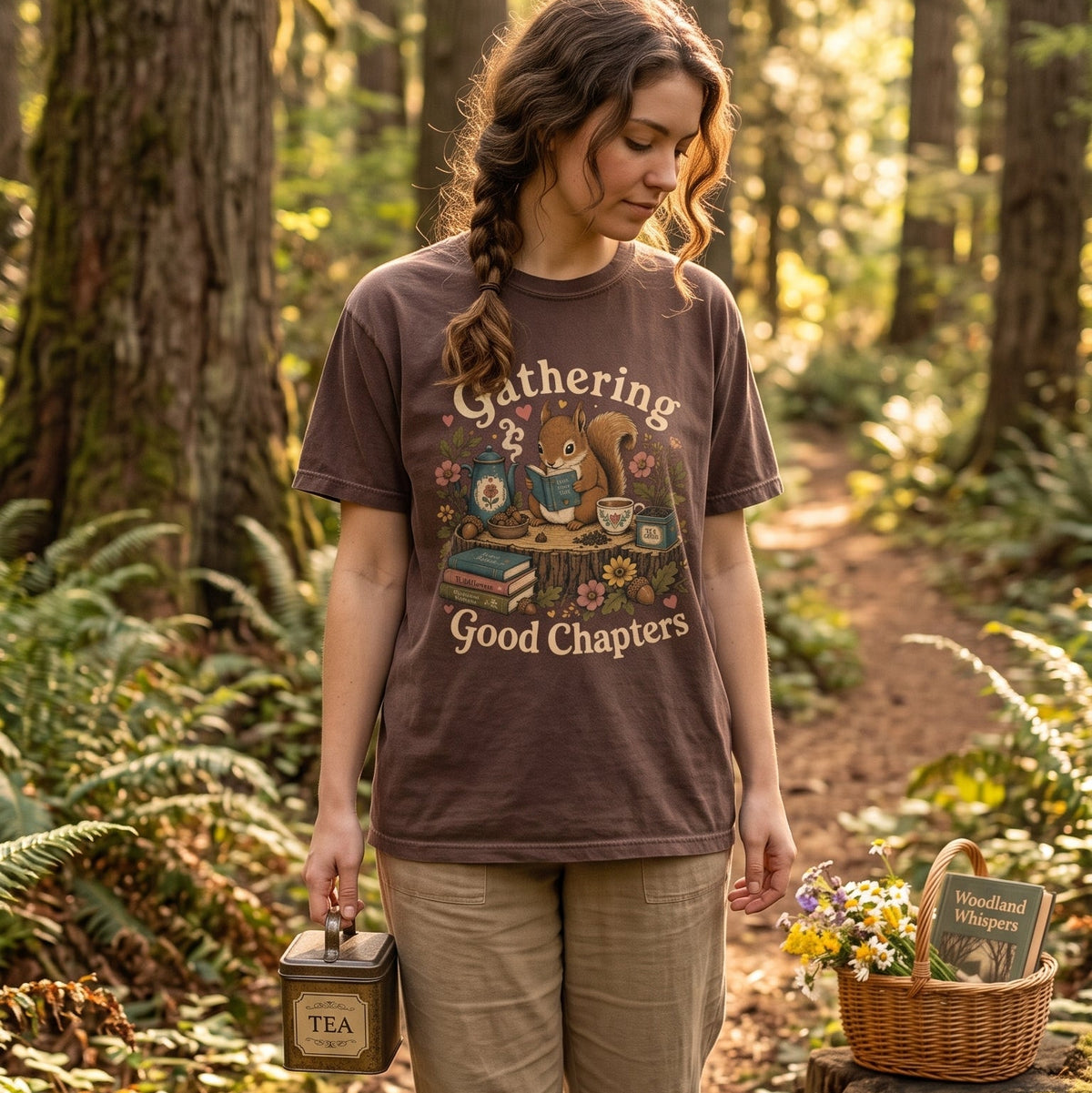 Gathering Good Chapters reading T-shirt featuring a woodland squirrel reading beside books, tea, acorns and flowers