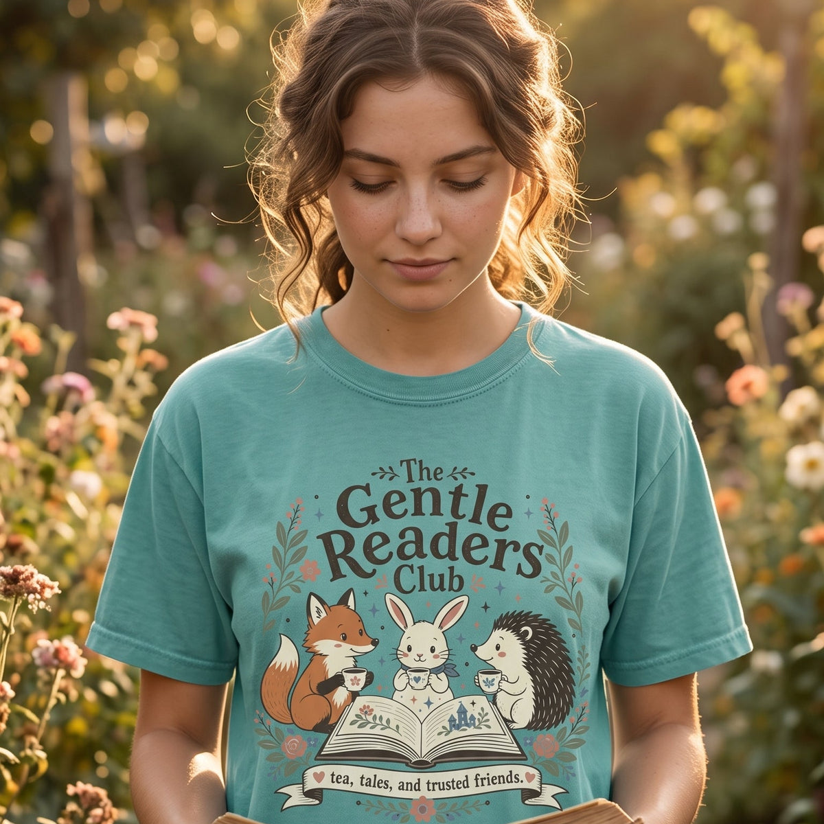 Woman wearing The Gentle Readers Club book lover T-shirt while reading outdoors, featuring a fox, rabbit and hedgehog gathered around an open book.