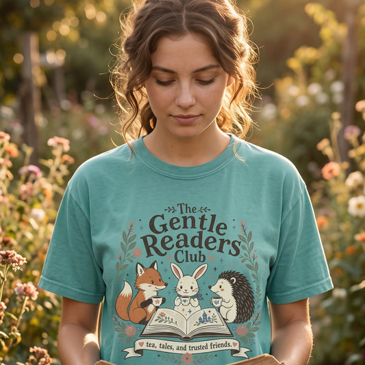 Woman wearing The Gentle Readers Club book lover T-shirt while reading outdoors, featuring a fox, rabbit and hedgehog gathered around an open book.