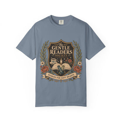 The Gentle Readers Society book club T-shirt with open book, tea and floral crest on Blue Jean.