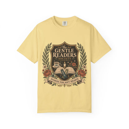 The Gentle Readers Society book club T-shirt with open book, tea and floral crest on Butter.