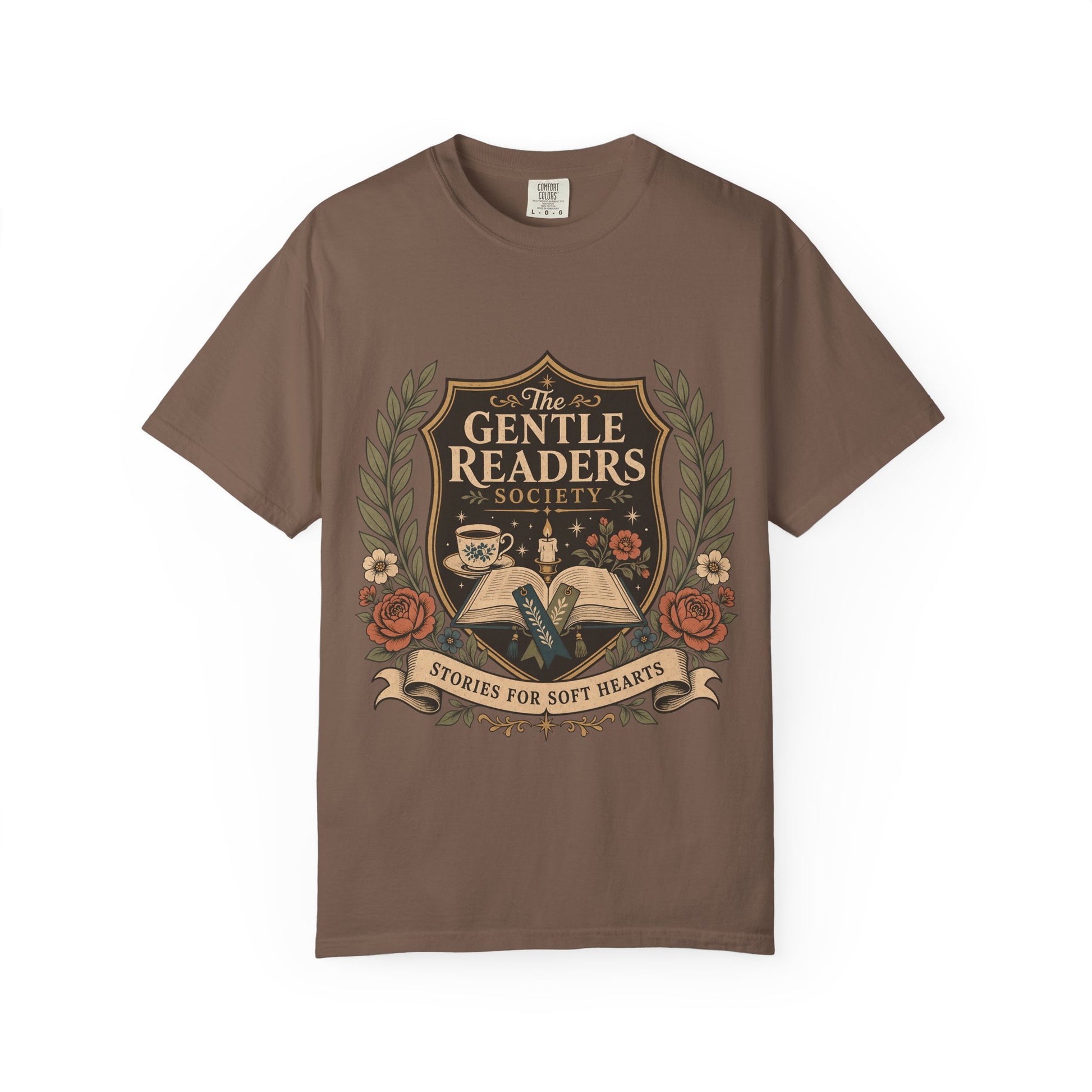 The Gentle Readers Society book club T-shirt with open book, tea and floral crest on Espresso.