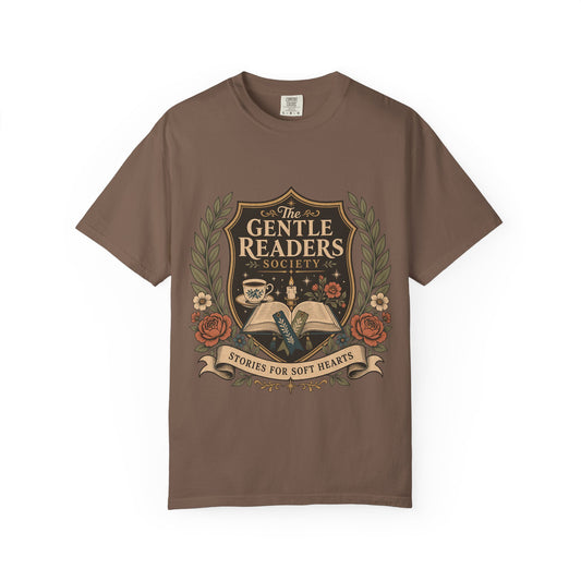 The Gentle Readers Society book club T-shirt with open book, tea and floral crest on Espresso.
