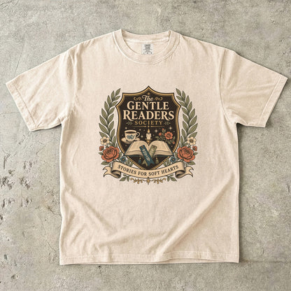 The Gentle Readers Society book club T-shirt with open book, tea and floral crest on Ivory.