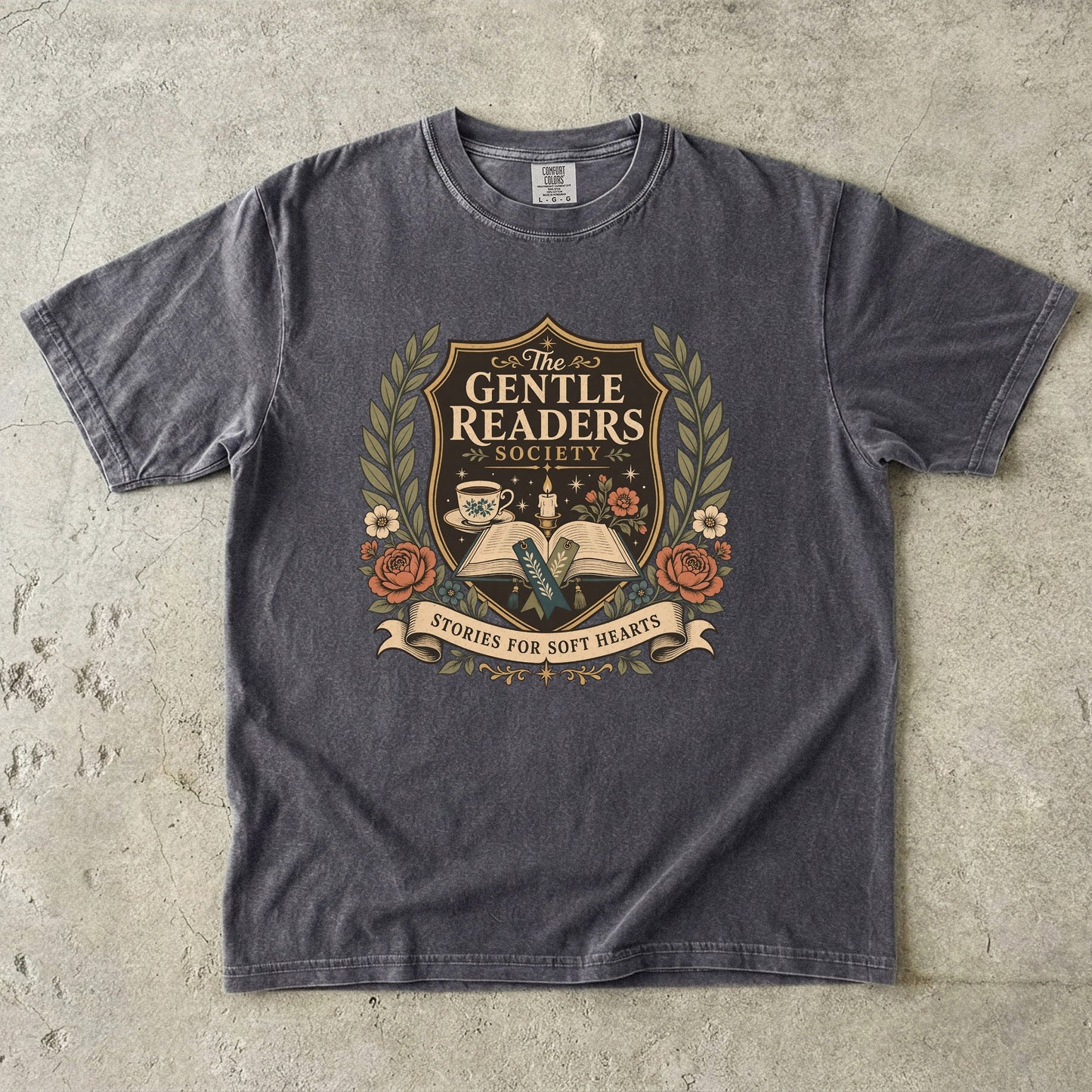 The Gentle Readers Society book club T-shirt with open book, tea and floral crest on Pepper.