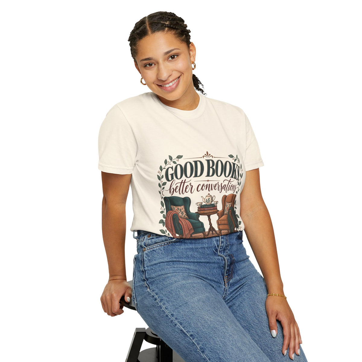 T-shirt featuring “Good Books, Better Conversations” in a lifestyle presentation.