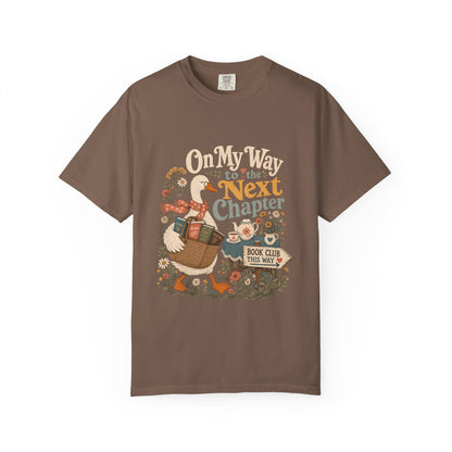 On My Way to the Next Chapter book club T-shirt with goose carrying a basket of books on Espresso.