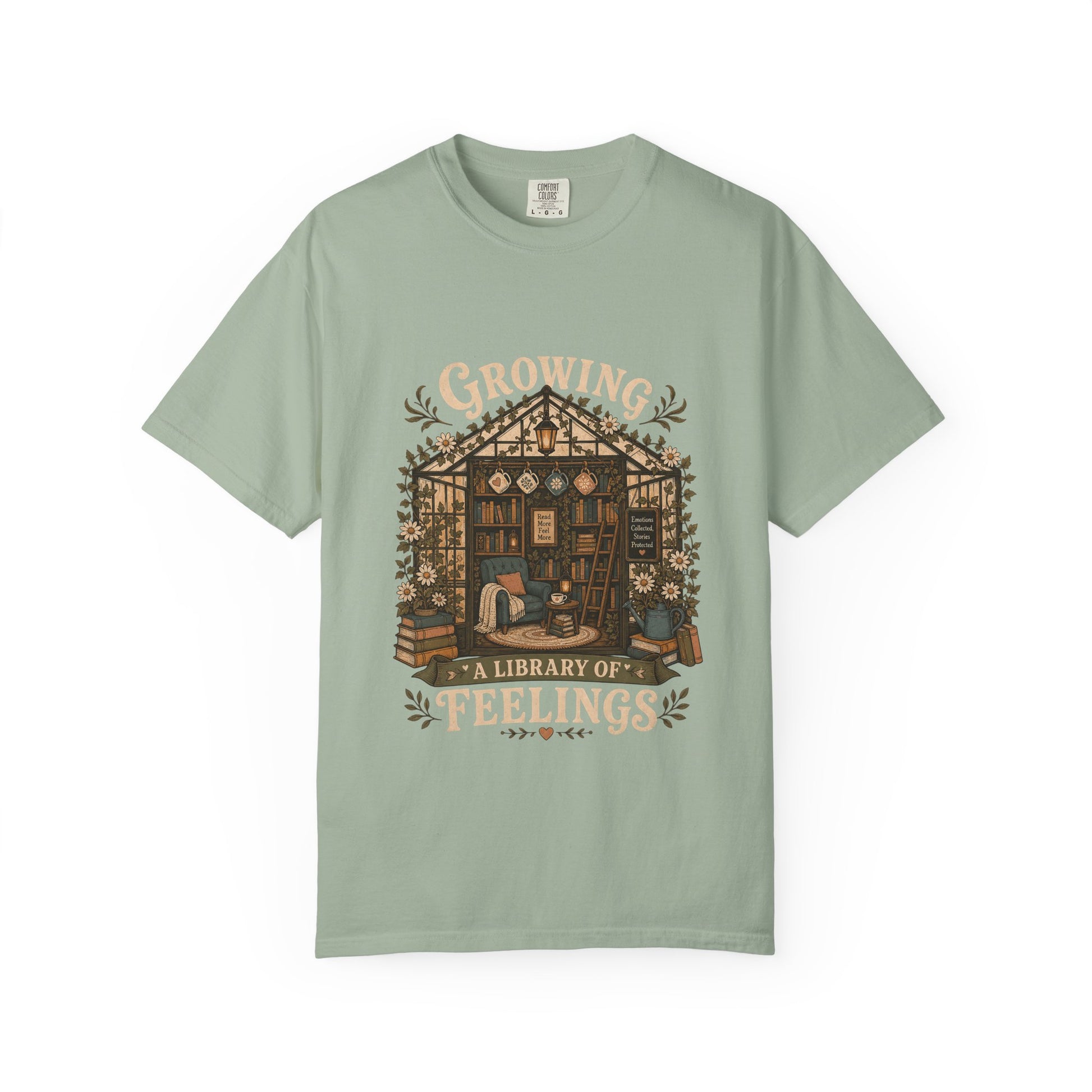 Growing a Library of Feelings Book Lover Shirt on a Bay Comfort Colors T-shirt.

