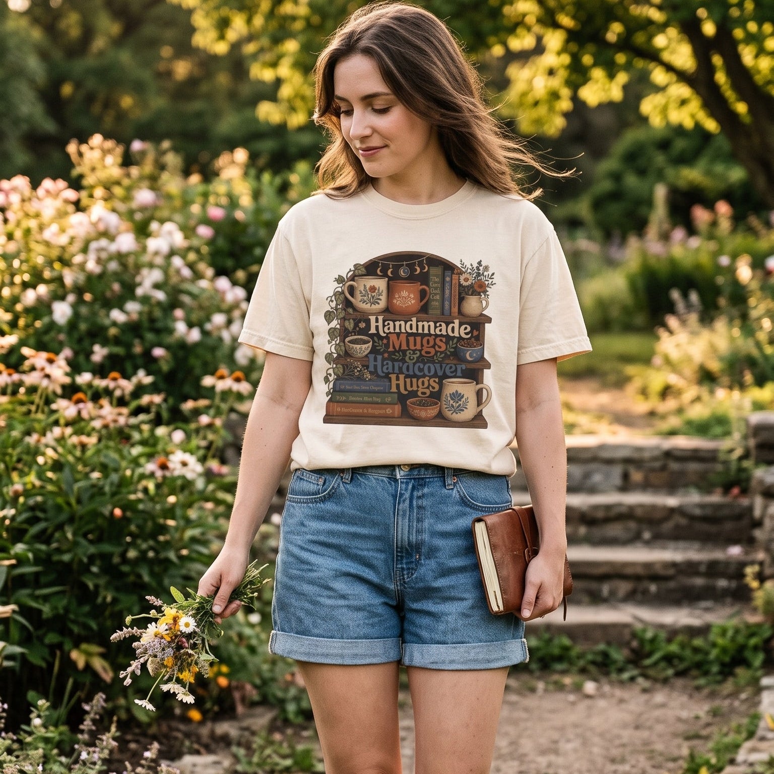Woman wearing the Handmade Mugs & Hardcover Hugs Comfort Colors book lover shirt while enjoying a peaceful garden walk with a book, showcasing a cozy reading lifestyle.