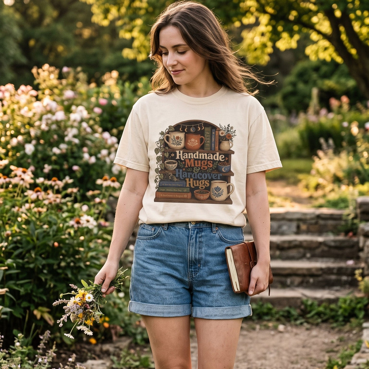 Handmade Mugs & Hardcover Hugs reading T-shirt featuring handmade-style mugs, books, flowers and a cozy rustic bookshelf