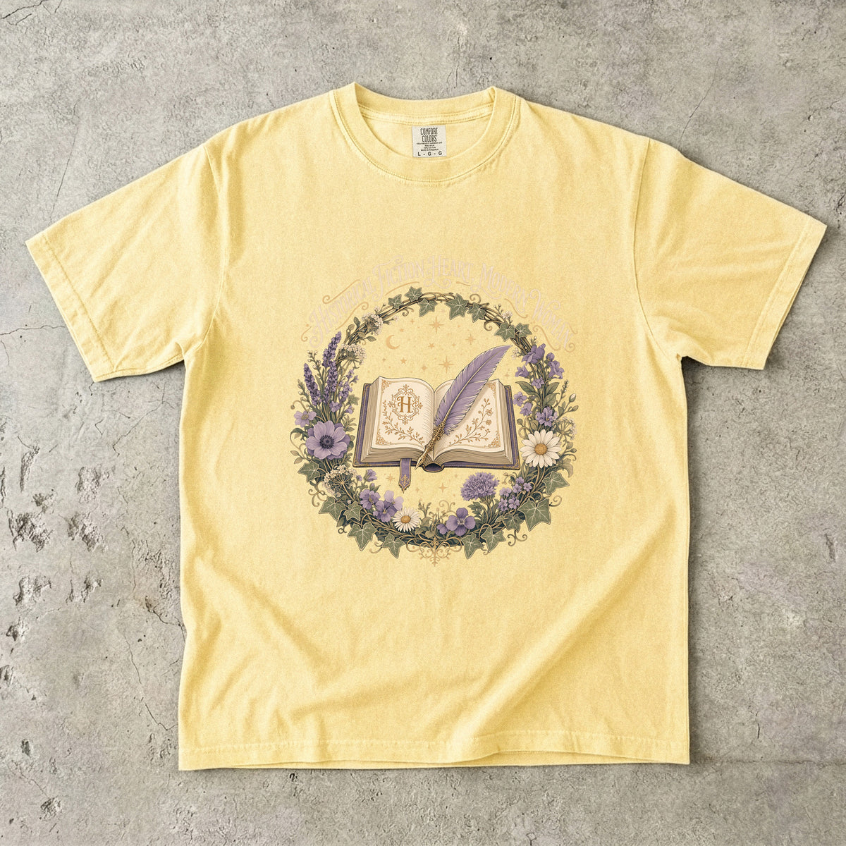 Butter historical fiction T-shirt featuring Historical Fiction Heart, Modern Woman with an open book, lavender quill, moon and wildflowers.
