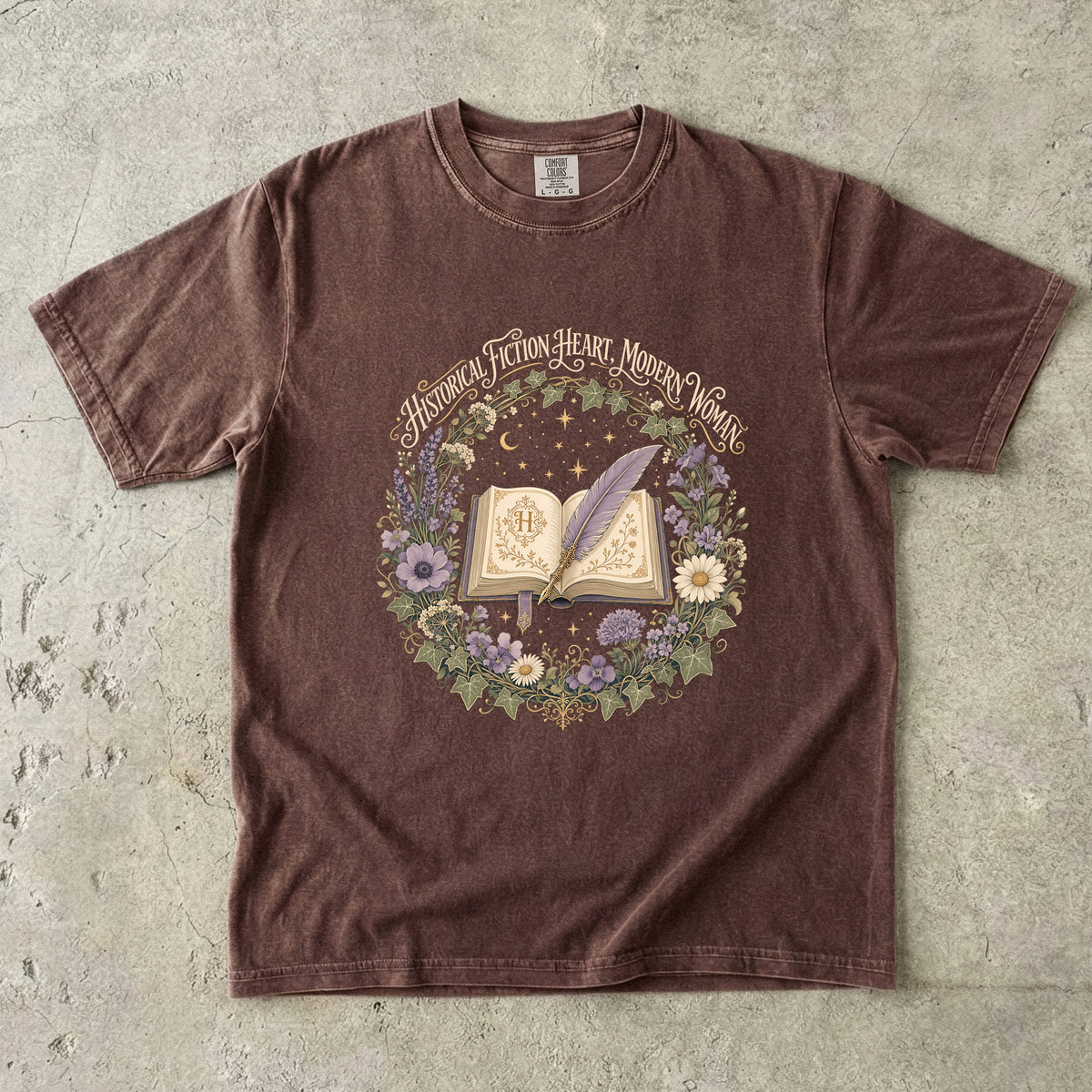 Espresso historical fiction T-shirt featuring Historical Fiction Heart, Modern Woman with an open book, lavender quill, moon and wildflowers.