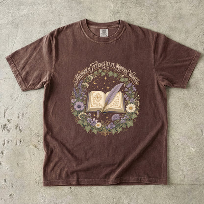 Espresso historical fiction T-shirt featuring Historical Fiction Heart, Modern Woman with an open book, lavender quill, moon and wildflowers.