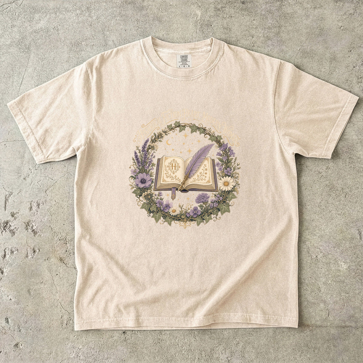 Ivory historical fiction T-shirt featuring Historical Fiction Heart, Modern Woman with an open book, lavender quill, moon and wildflowers.
