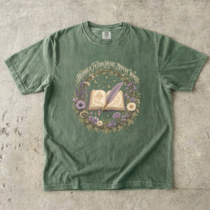 Moss historical fiction T-shirt featuring Historical Fiction Heart, Modern Woman with an open book, lavender quill, moon and wildflowers.