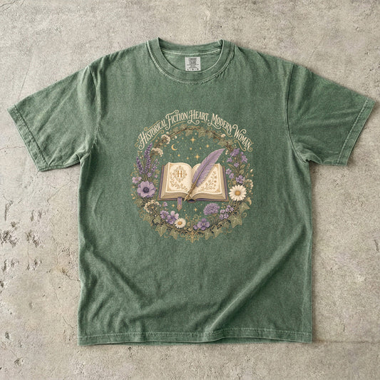 Moss historical fiction T-shirt featuring Historical Fiction Heart, Modern Woman with an open book, lavender quill, moon and wildflowers.