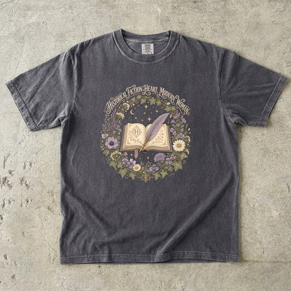 Pepper historical fiction T-shirt featuring Historical Fiction Heart, Modern Woman with an open book, lavender quill, moon and wildflowers.