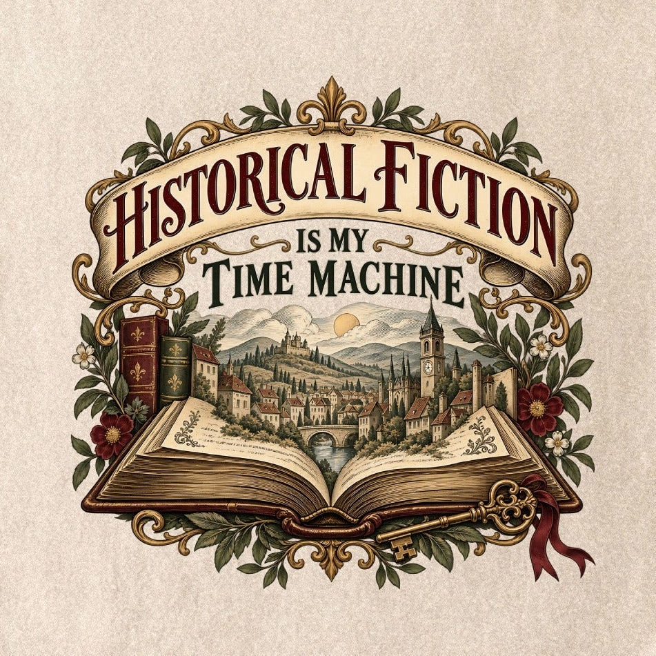 Close-up of the “Historical Fiction Is My Time Machine” T-shirt design, showing an open book revealing an old-world town, ornate gold framing, antique books, leaves and burgundy flowers.