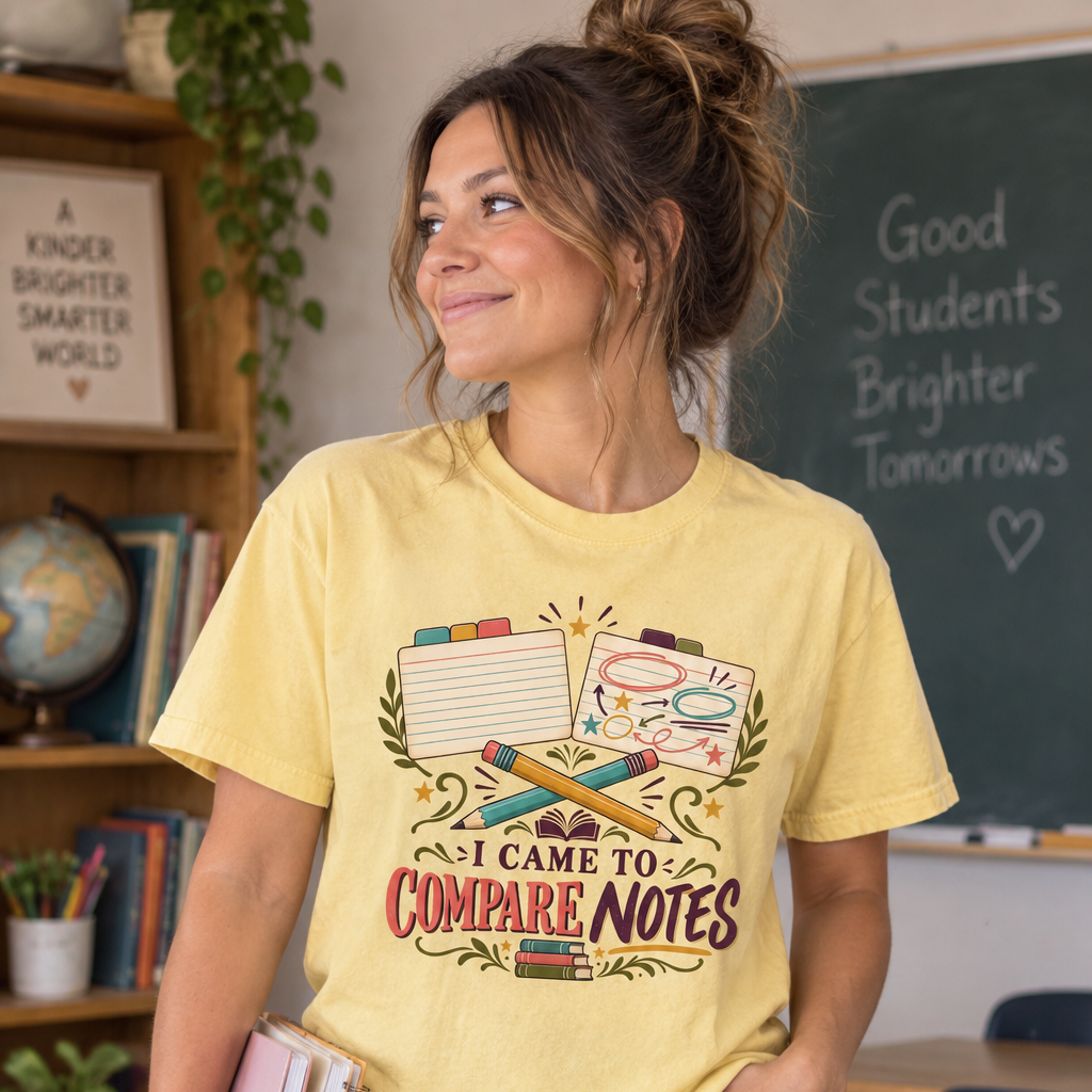 Book club T-shirt featuring “I Came to Compare Notes” with tabbed note cards and crossed pencils