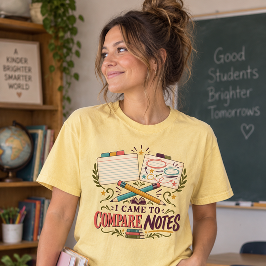 Book club T-shirt featuring “I Came to Compare Notes” with tabbed note cards and crossed pencils