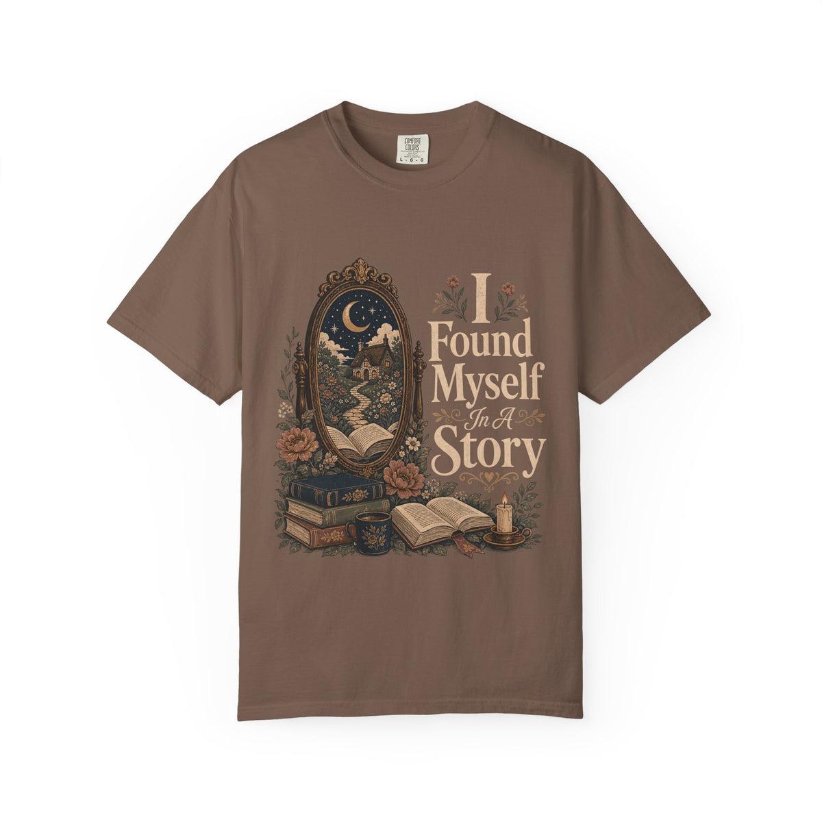 I Found Myself in a Story book lover T-shirt in Espresso featuring a moonlit cottage, ornate mirror, open books and flowers