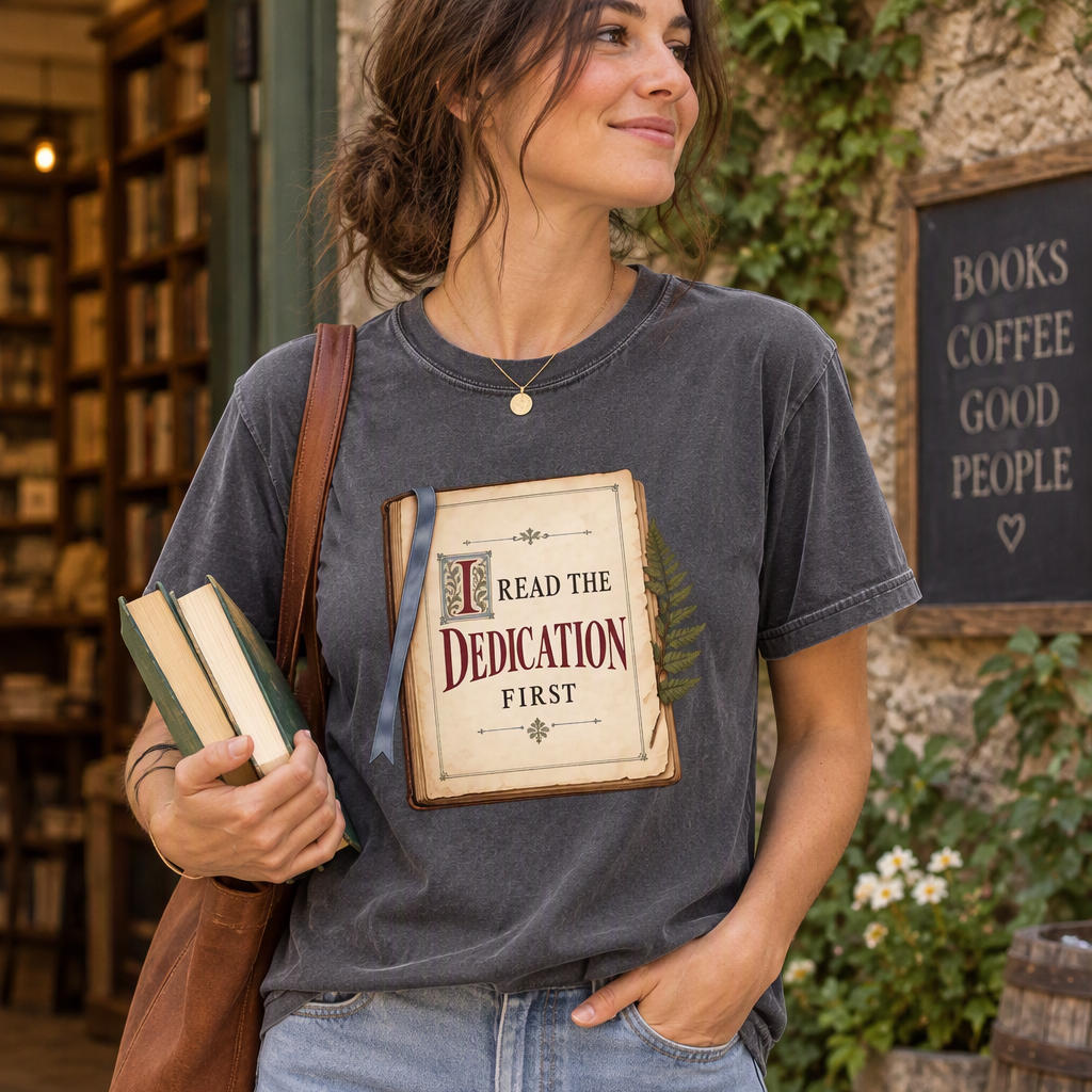 Reader T-shirt featuring “I Read the Dedication First” inside an illustrated old book