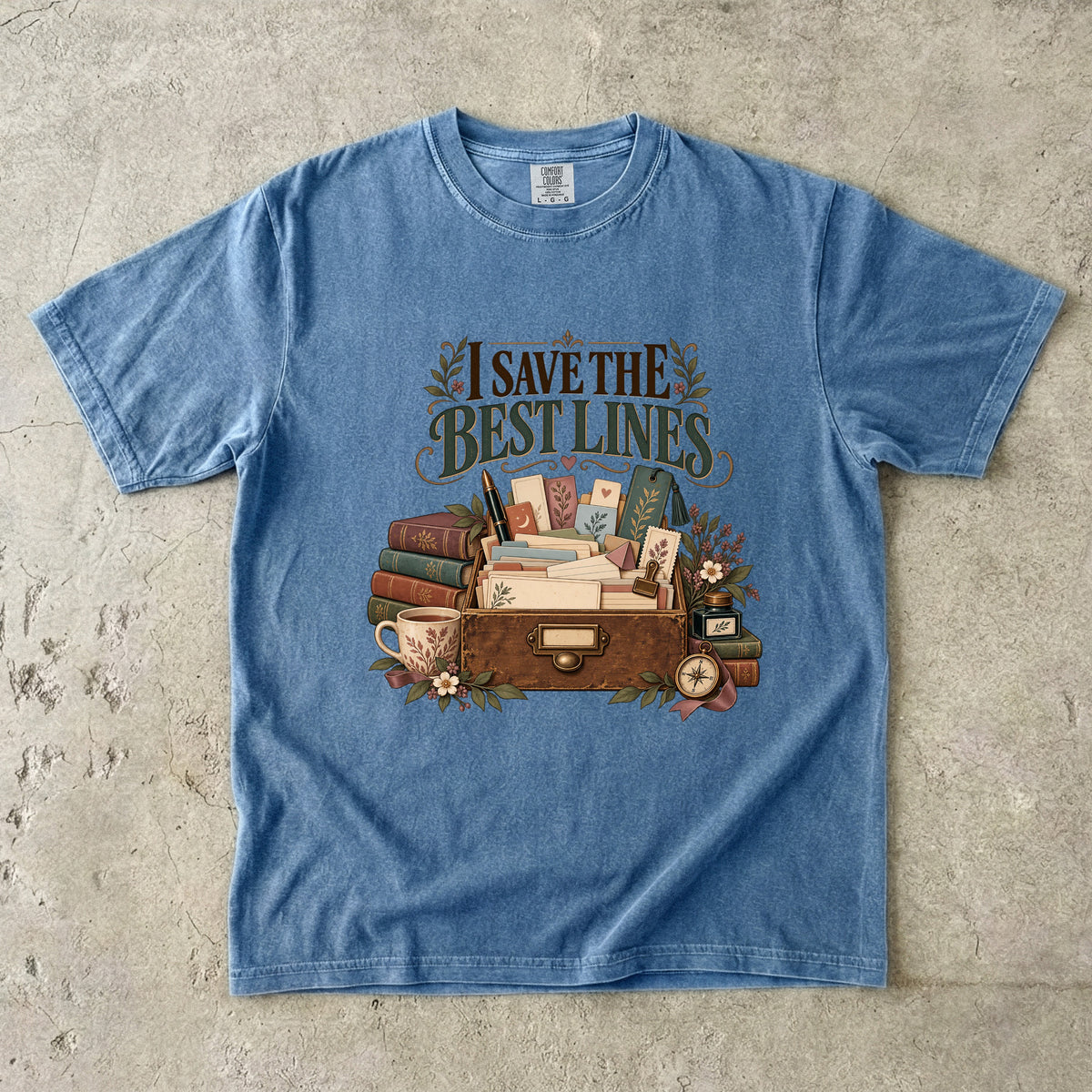 Blue Jean bookish T-shirt with “I Save the Best Lines” above a box of reading notes and bookmarks