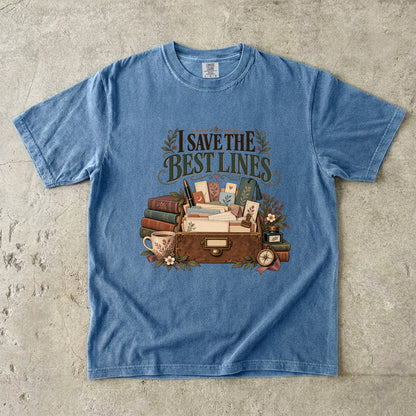 Blue Jean bookish T-shirt with “I Save the Best Lines” above a box of reading notes and bookmarks