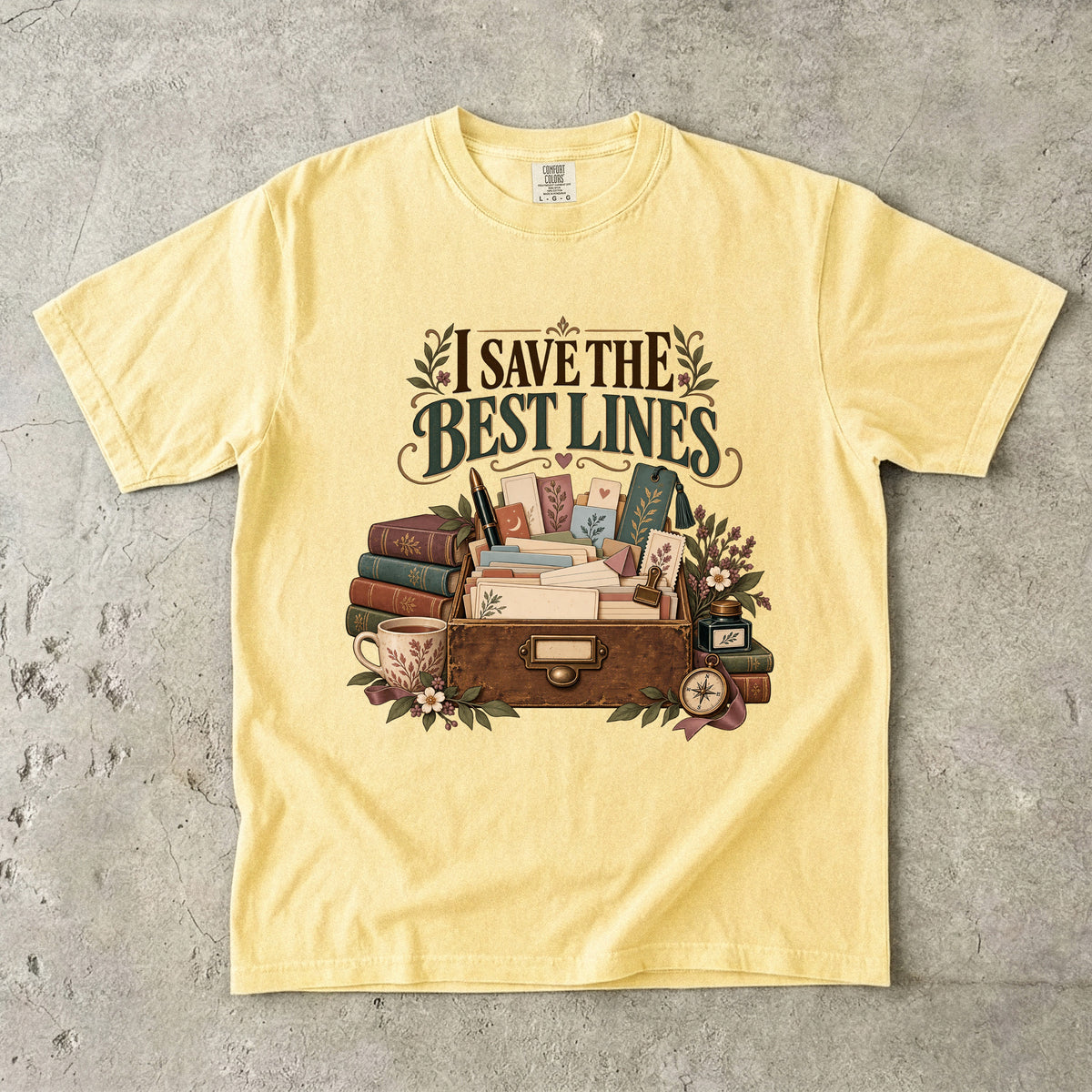Butter bookish T-shirt with “I Save the Best Lines” above a box of reading notes and bookmarks