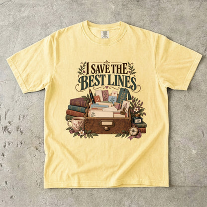 Butter bookish T-shirt with “I Save the Best Lines” above a box of reading notes and bookmarks