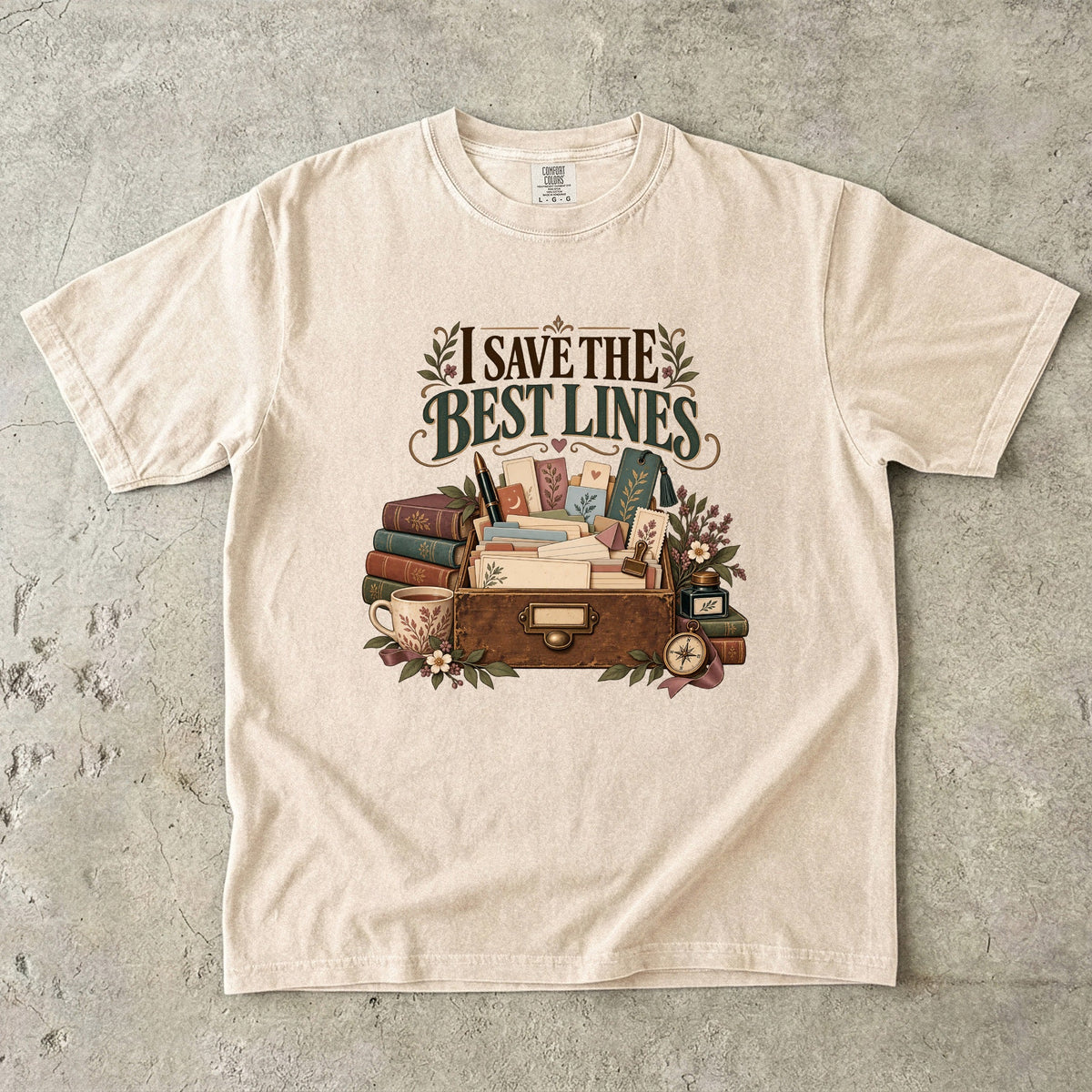 Ivory bookish T-shirt with “I Save the Best Lines” above a box of reading notes and bookmarks