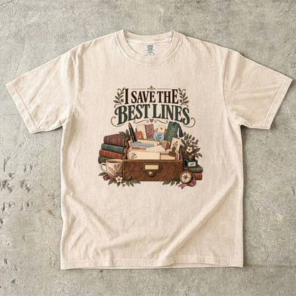 Ivory bookish T-shirt with “I Save the Best Lines” above a box of reading notes and bookmarks