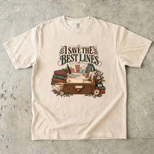Ivory bookish T-shirt with “I Save the Best Lines” above a box of reading notes and bookmarks