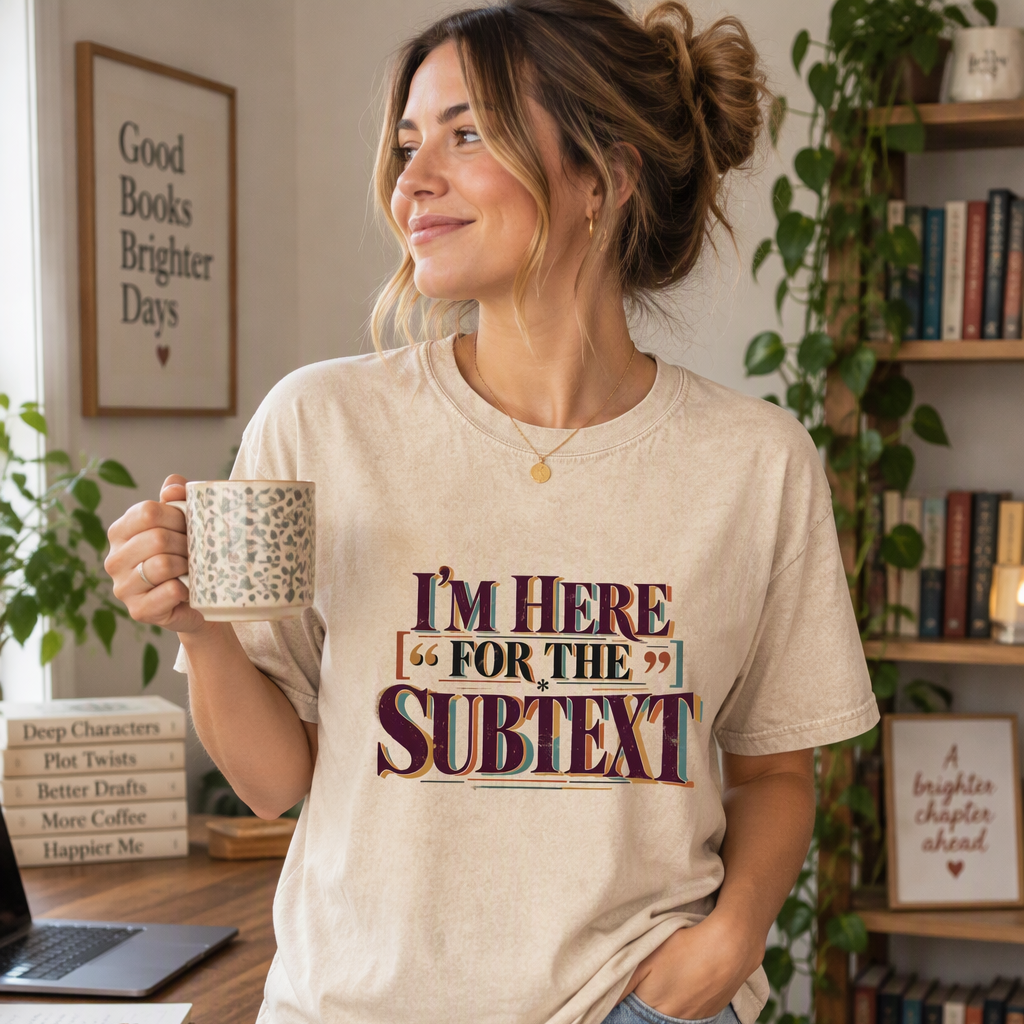 Literary T-shirt featuring “I’m Here for the Subtext” in bold layered vintage lettering