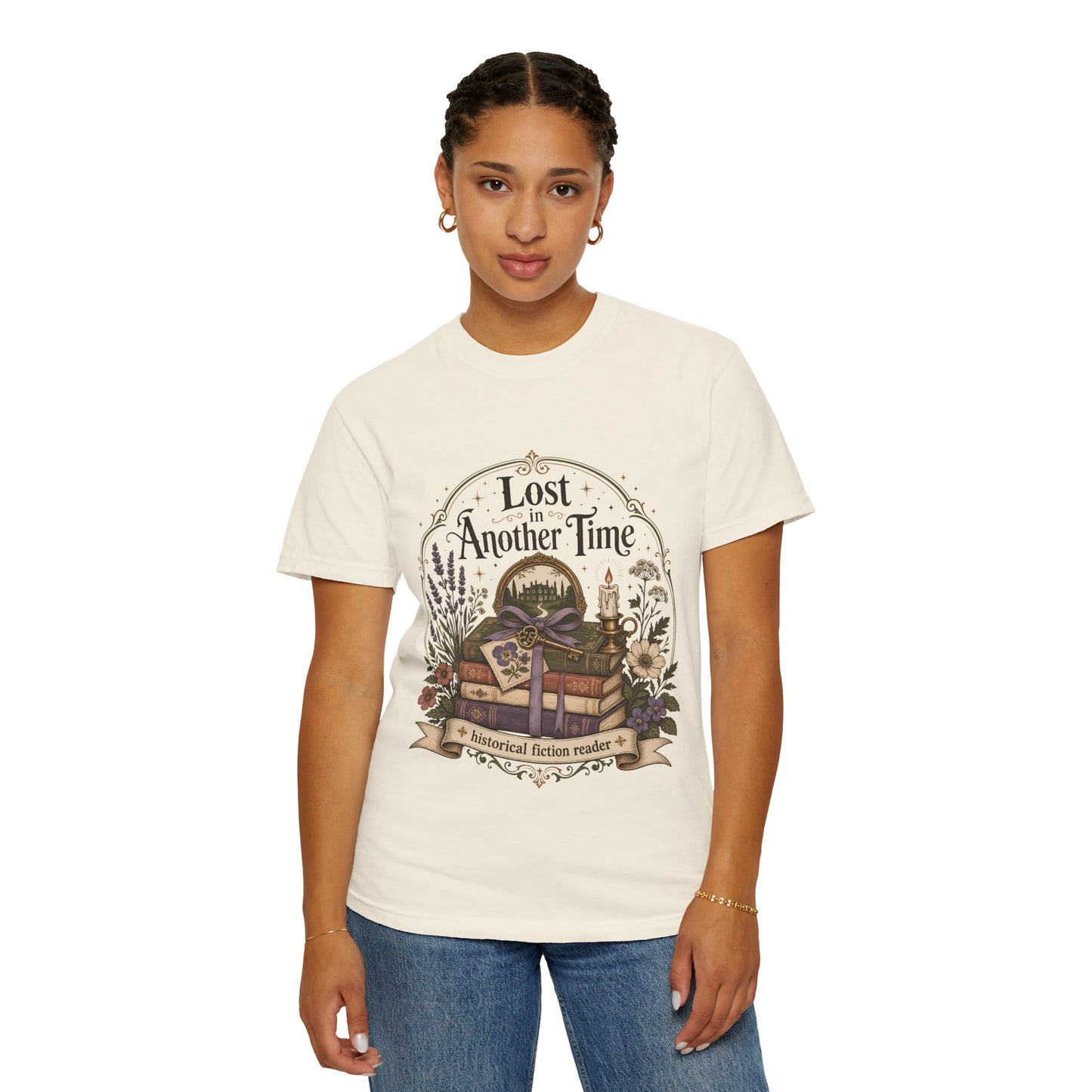 Model wearing a ivory literary graphic tee styled for a relaxed reading day.