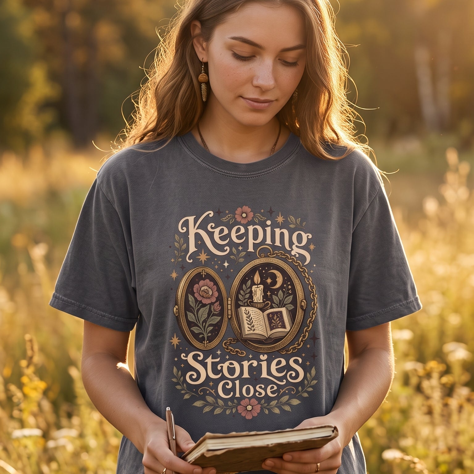 Woman wearing the Keeping Stories Close Comfort Colors Book Lover T-shirt while journaling outdoors at golden hour.