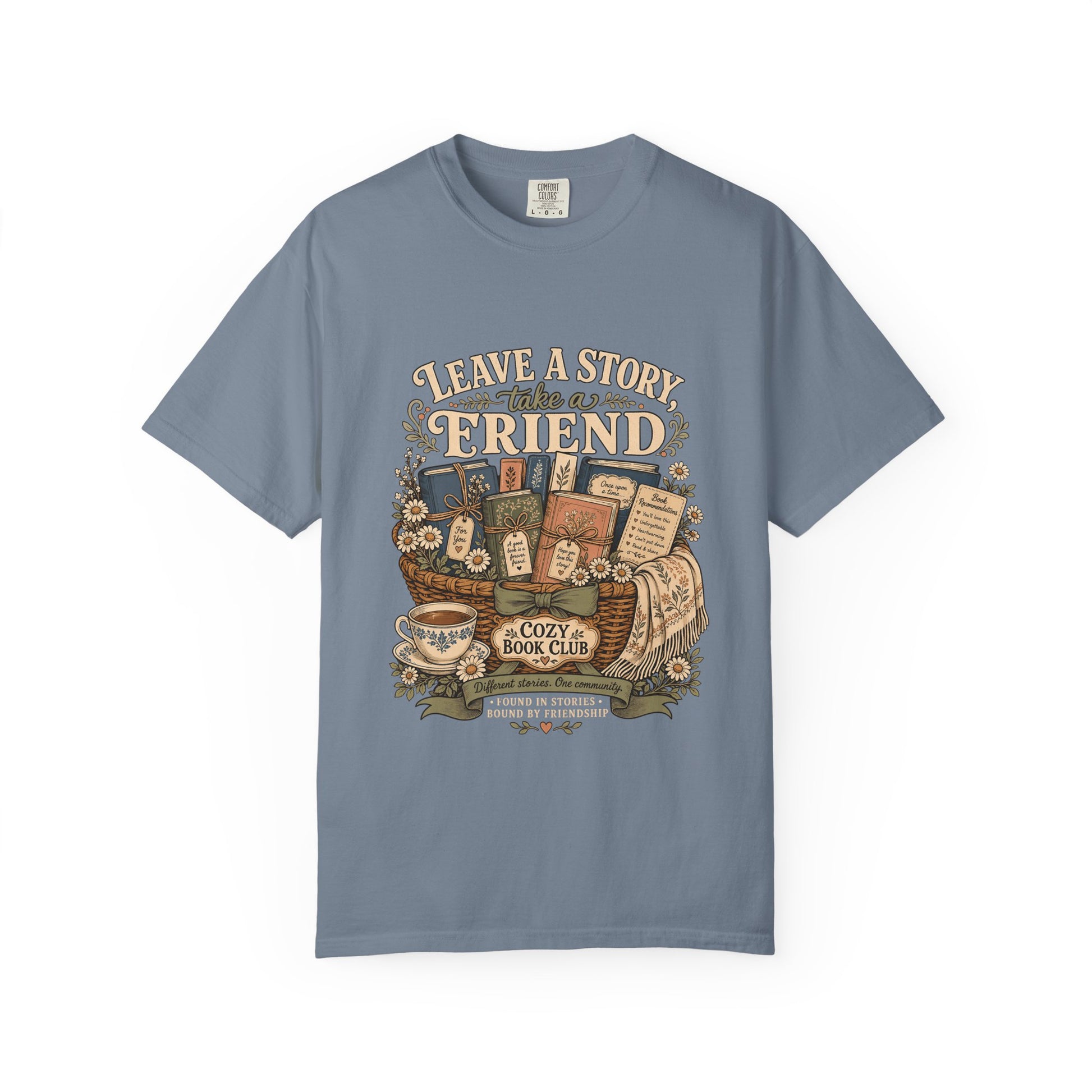 Leave a Story, Take a Friend book club T-shirt with gift basket of books and flowers on Blue Jean.