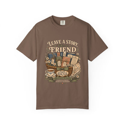 Leave a Story, Take a Friend book club T-shirt with gift basket of books and flowers on Espresso.