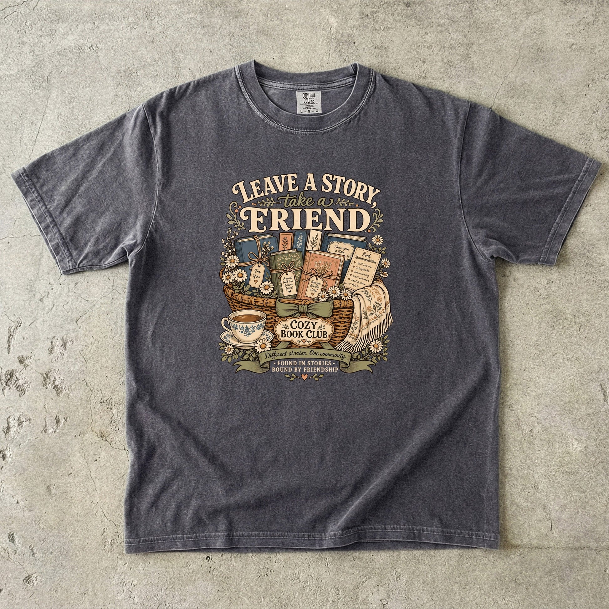 Leave a Story, Take a Friend book club T-shirt with gift basket of books and flowers on Pepper.