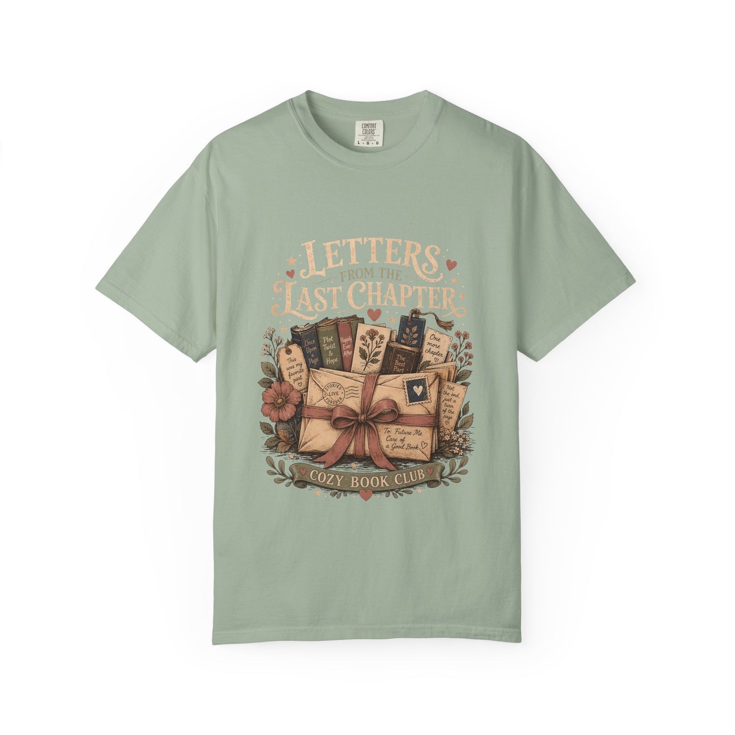 Front view of the Letters From the Last Chapter book club illustration printed on a Bay Comfort Colors T-shirt