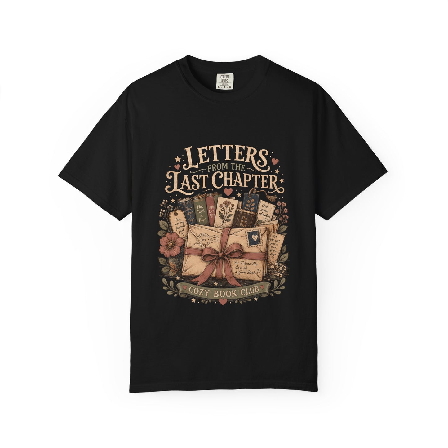 Front view of the Letters From the Last Chapter book club illustration printed on a Black Comfort Colors T-shirt. 