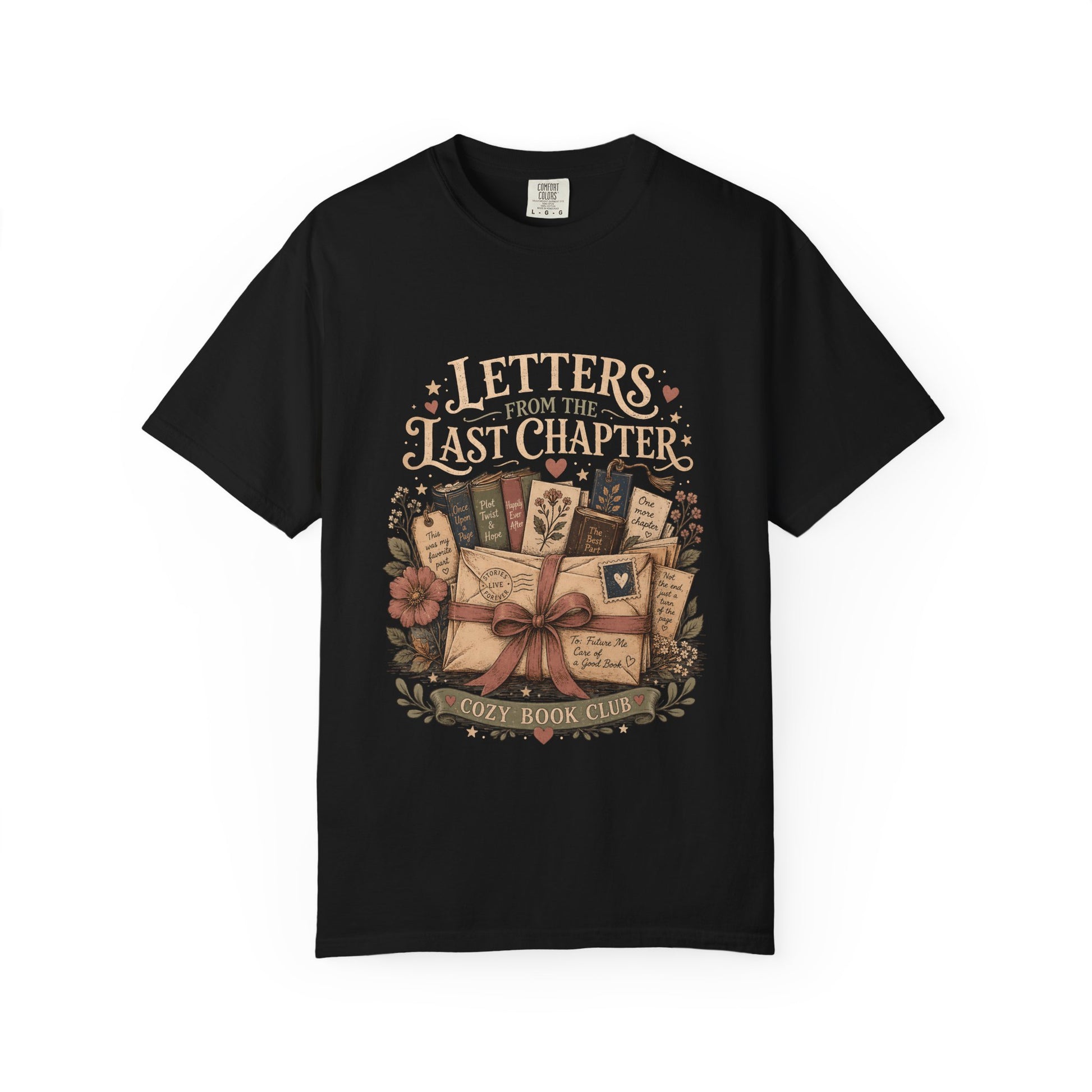 Front view of the Letters From the Last Chapter book club illustration printed on a Black Comfort Colors T-shirt. 