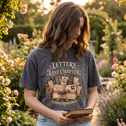 Person wearing the Letters From the Last Chapter book club design on a Pepper Comfort Colors T-shirt while holding a book in a garden.